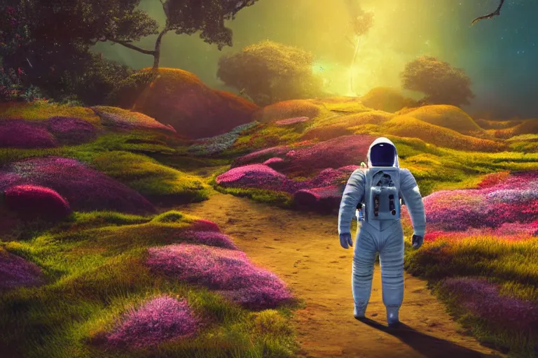 Prompt: Astronaut walking on a landscape of a beautiful enchanted fantasy world. Colorful. Cinematic lighting. Photorealism.