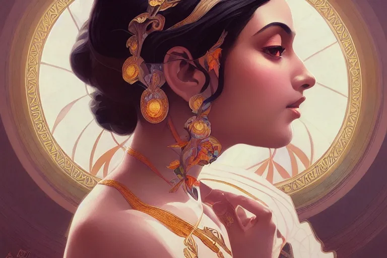 Image similar to sensual pale beautiful bengali girl, art deco portrait, elegant, intricate, digital painting, artstation, concept art, smooth, sharp focus, illustration, art by artgerm and greg rutkowski and alphonse mucha