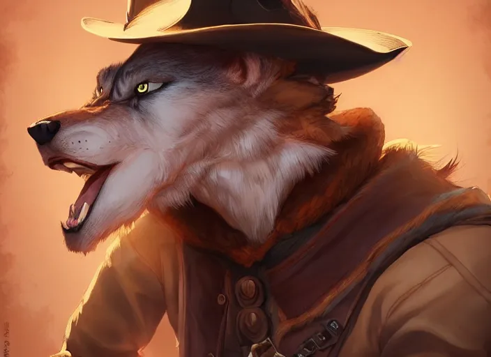 Image similar to character portrait feature of the anthro male anthropomorphic wolf fursona wearing cowboy outfit wild west desperado character design stylized by charlie bowater, ross tran, artgerm, and makoto shinkai, detailed, soft lighting, rendered in octane
