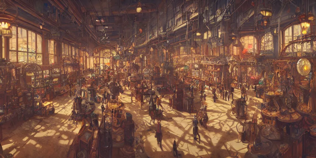 Image similar to steampunk mall interior, colorful, 3 d scene, render, greg rutkowski, zabrocki, karlkka, jayison devadas, trending on artstation, 8 k, ultra wide angle, zenith view, pincushion lens effect