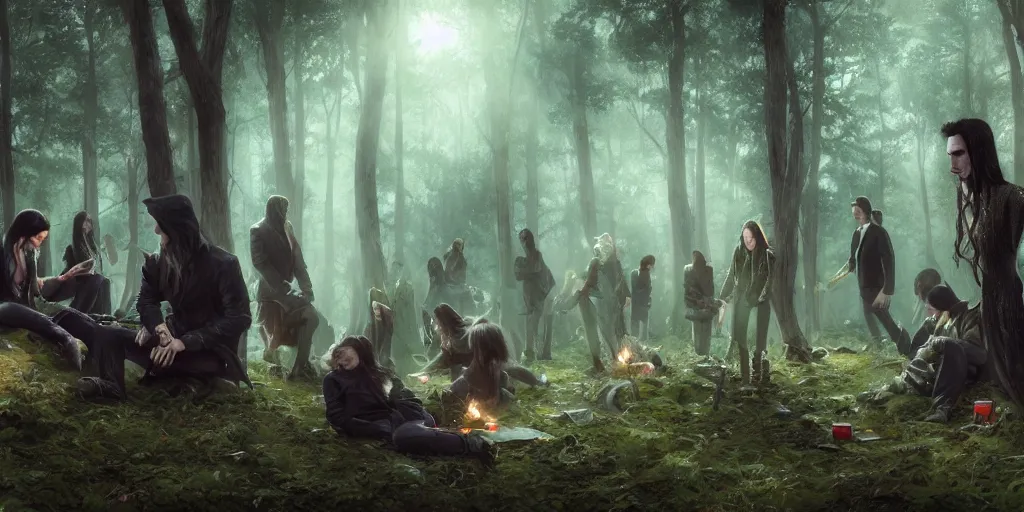 Prompt: group of vampires chilling at the forest smoking weed, realistic digital art 4 k, high quality, greg rutkowski, zabrocki, karlkka, jayison devadas, phuoc quan, trending on artstation, 8 k, ultra wide angle, zenith view, pincushion lens effect