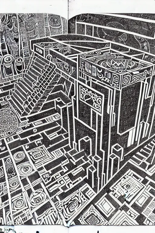 Image similar to a black and white drawing of an ancient future mayan temple mandala cityscape, a detailed mixed media collage by hiroki tsukuda and eduardo paolozzi and moebius, intricate linework, sketchbook psychedelic doodle comic drawing, geometric, street art, polycount, deconstructivism, matte drawing, academic art, constructivism