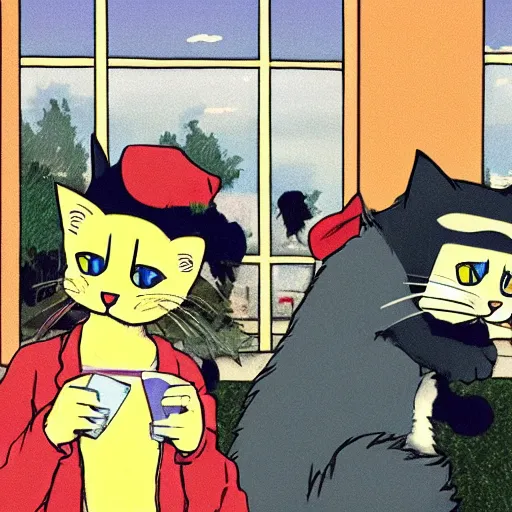 Image similar to cats robbing a bank in west virginia, anime