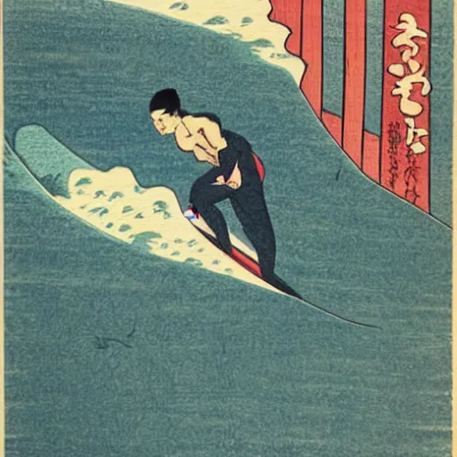 Image similar to man surfing, woodblock print, style of hokusai, fine art, style of kanagawa, painting