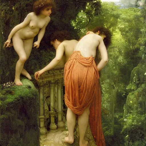 Image similar to a renaissance oil painting by alma tadema of a minion turned back on a stone balcony covered in moss with over shoulder view on a magical jungle, colourful pastel, detailed academic bouguereau, sharp focus, long shot