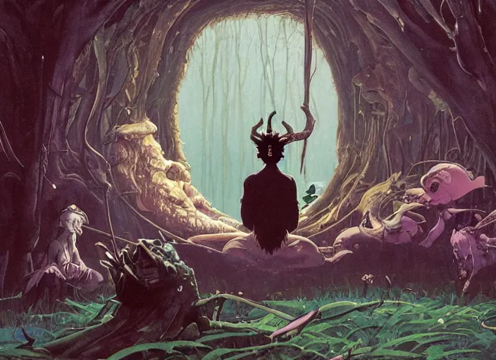 Prompt: a still from the movie princess mononoke by of francis bacon, surreal forest, norman rockwell and james jean, greg hildebrandt, and mark brooks, triadic color scheme, by greg rutkowski, in the style of francis bacon and syd mead and edward hopper and norman rockwell and beksinski, dark surrealism, open ceiling