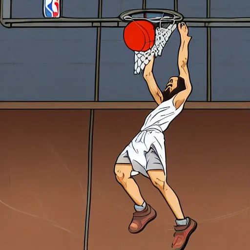 Image similar to Jesus wearing robes dunks a ball in the net while in a basketball court alone , hd