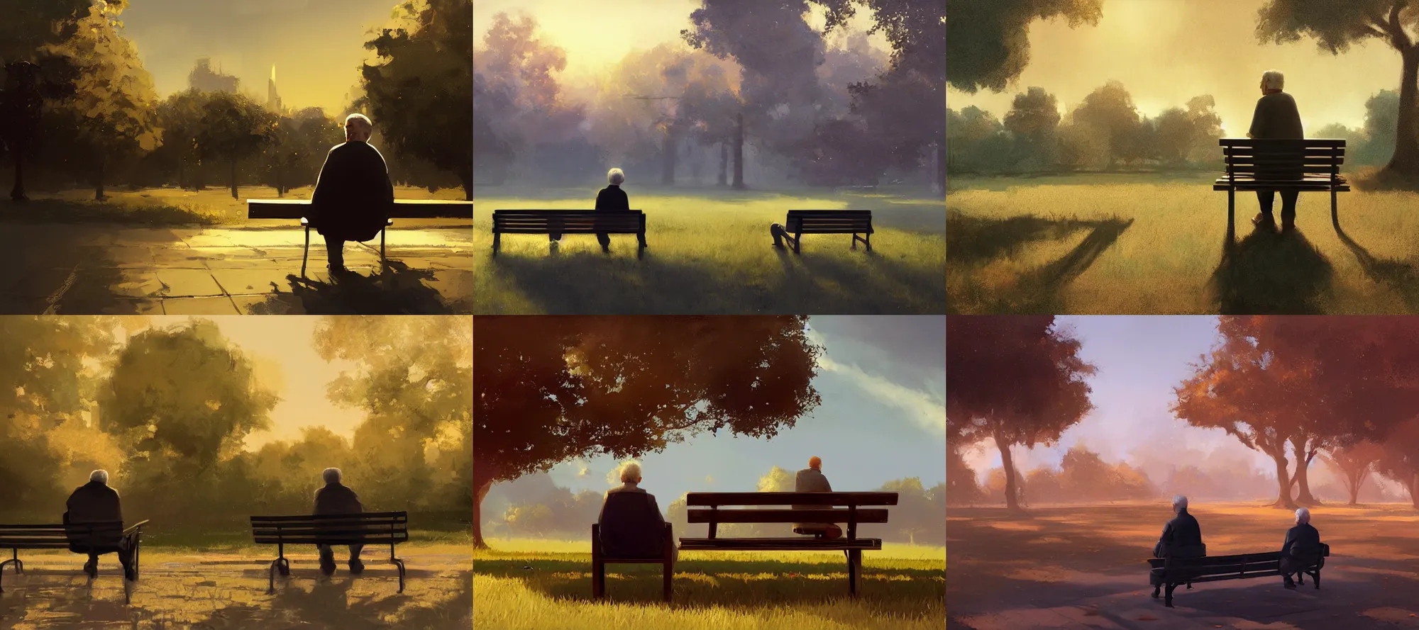 Prompt: an old man sitting on a bench in the middle of a park and gazing up at the sky, golden hour, somber, artstation, concept art, sharp focus, art by Craig Mullins and Greg Rutkowski