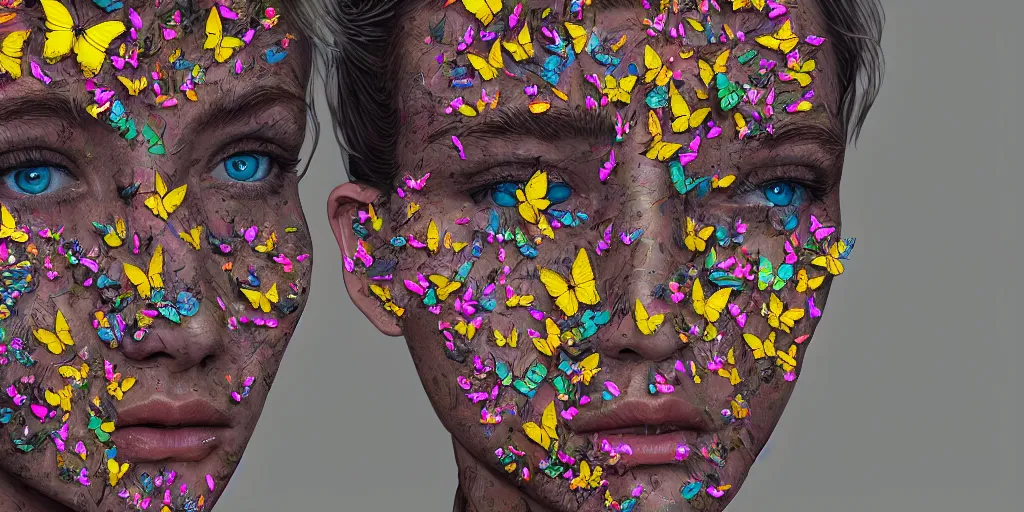 Prompt: Intricate detailed illustration, A portrait of a face constructed from different coloured butterflies, cinematic lighting, by Philip Hood, wide angle, volumetric light scattering, 8k, artstation, concept art,