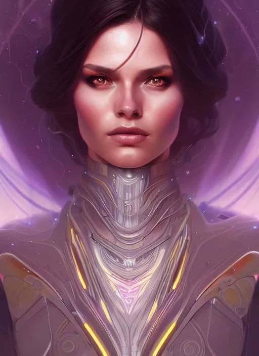 Image similar to futuristic woman portrait, sci-fi, amber eyes, face, long hair, fantasy, intricate, elegant, highly detailed, digital painting, artstation, concept art, smooth, sharp focus, illustration, art by artgerm and greg rutkowski and alphonse mucha