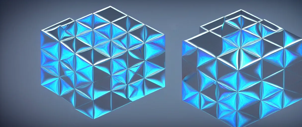 Image similar to hyperrealistic 3d render neo-surreal metatron's cube rotating iridescent escher dali octane moody blue lighting low angle hd 8k sharp shallow depth of field