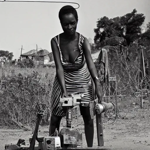 Prompt: photo of beautiful African woman inspecting laser gun, tools and junk on the ground,wires with lights, old village in the distance, vintage old photo, black and white, sepia