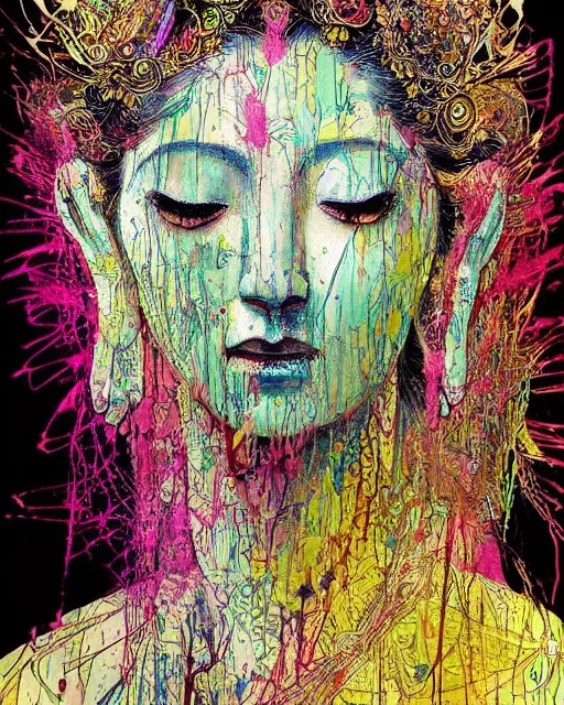 Image similar to strikingly beautiful female bodhisattva, praying meditating, realism, elegant, intricate, portrait photograph!! by Carne Griffiths and David Cronenberg