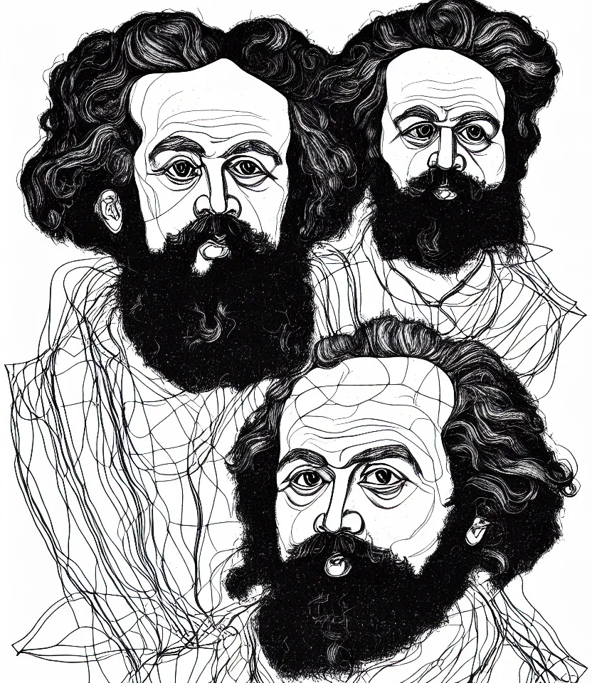 Image similar to detailed line art portrait of karl marx, inspired by egon schiele. minimalism, bold contour lines, caricatural, musicality, soft twirls curls and curves, confident personality, raw emotion