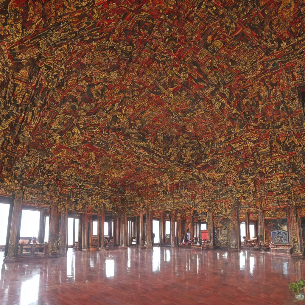 Prompt: ancient vietnam emperial main hall, front by many officials, ly dynasty architecture style, high detail