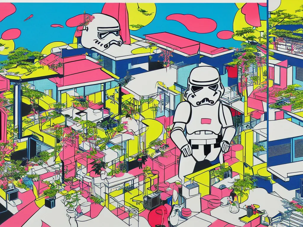 Image similar to hyperrealistic composition of the japanese home with a garden, stormtrooper in hot springs, pop - art style, jacky tsai style, andy warhol style, roy lichtenstein style, pastel palette, acrylic on canvas