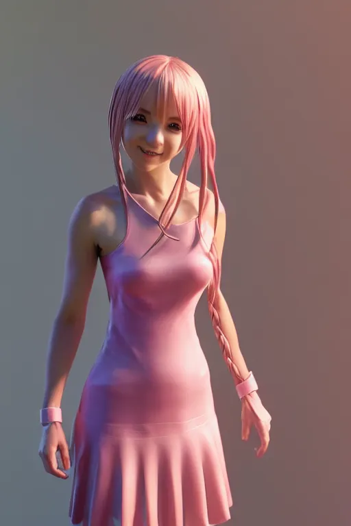 Prompt: photo-realistic render of a very beautiful 3d anime girl in a dress, hot petite, short twisted braided pink hair, hazel eyes, full round face, short smile, cinematic lightning, medium shot, mid-shot, highly detailed, rendered in blender