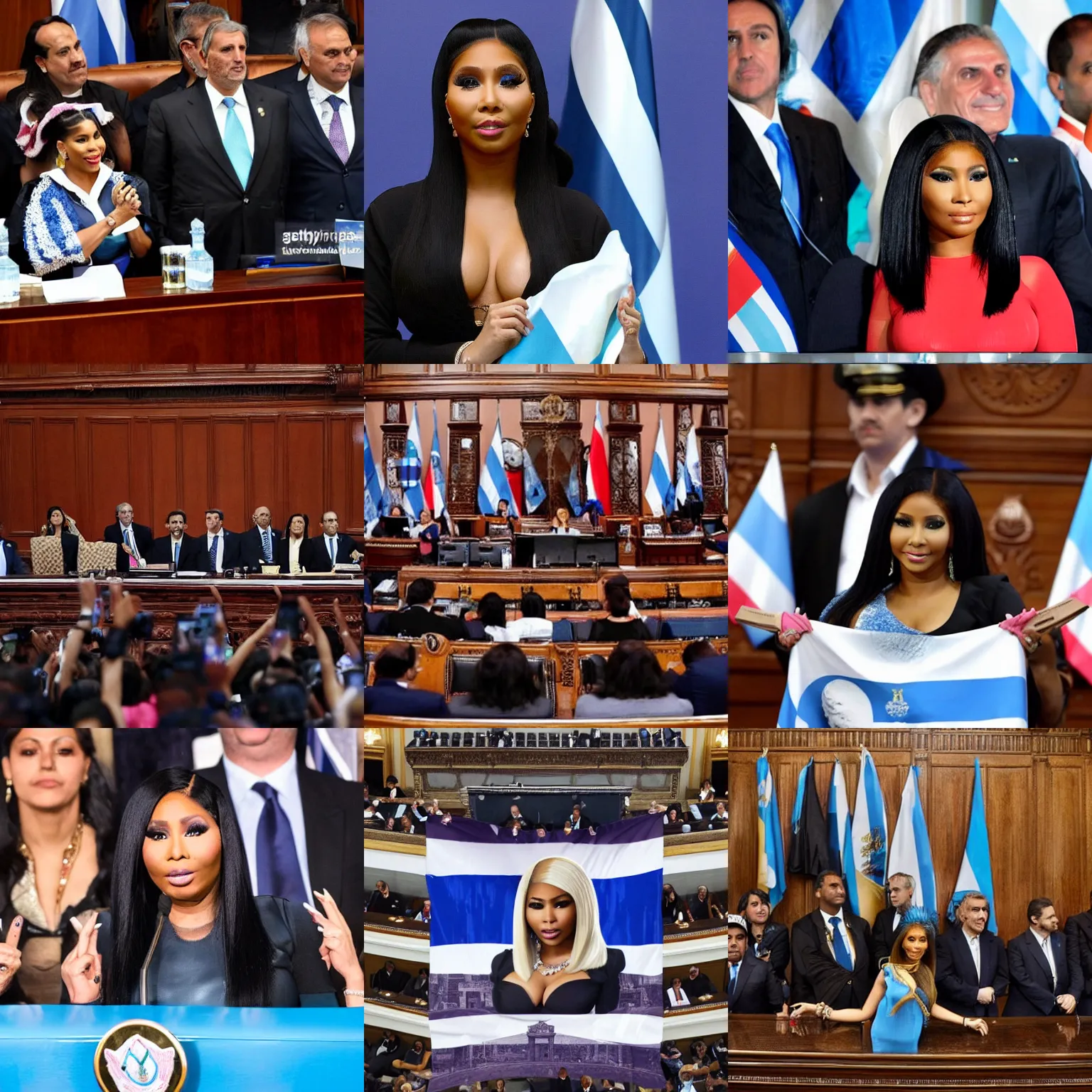 Image similar to Nicki Minaj president of Argentina, in the Argentine Congress, flags of Argentina behind, detailed picture