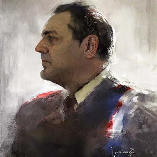 Image similar to portrait of a n emotional tony soprano in cosplay as captain america, by jeremy mann, anders zorn.