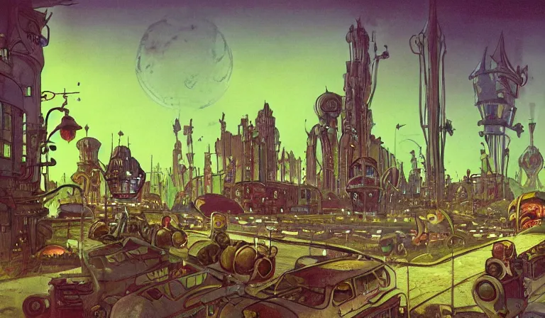 Image similar to fantasycore. magic the gathering art. street view of 1950s machinarium cityscape at night by Phillipe Drulliet and Roger Dean and Moebius. cute gigantic 1950s robots. cel-shaded. glossy painting.