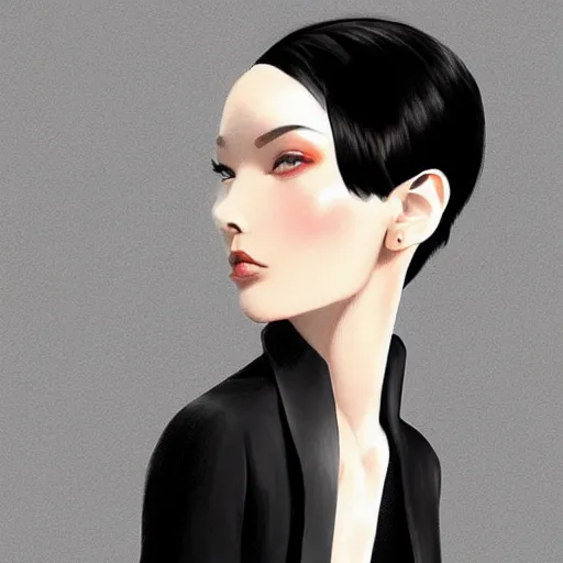 Image similar to slim killer girl in tuxedo with black bob hair, elegant, 2d, ultra highly detailed, digital painting, smooth, sharp focus, artstation, art by Ilya Kuvshinov