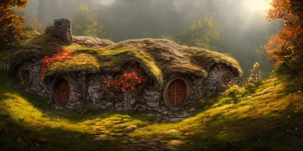 Image similar to a hobbit cottage on top of a steep hill, greg rutkowski, zabrocki, moebius, karlkka, jayison devadas, highly detailed, photorealism, autumn sunlights, smoky atmosphere, ( ray of sunlight ), trending on artstation, 8 k, ultra wide angle, zenith view, pincushion lens effect