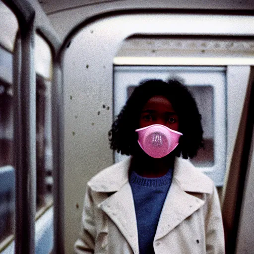 Prompt: A melancholic teen female, with light skin, dark hair, brown eyes, skin pores. Wearing a respirator. Pink jacket. In a mass transport bus. The atmosphere outside is filled with pale yellow mist. Film grain. Documentary photo. Sigma 40mm f/1.4 DG HSM