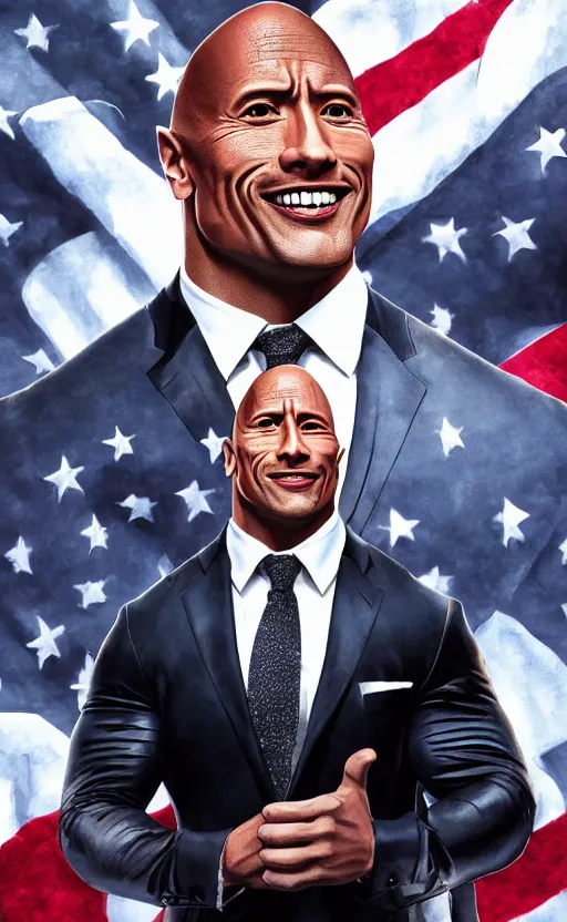 Image similar to dwayne johnson wearing a suit as the president of the united states, dynamic lighting, photorealistic fantasy concept art, trending on art station, stunning visuals, creative, cinematic, ultra detailed