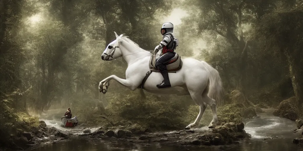 Image similar to an astronaut riding on the back of a white horse through a forest, crossing a river on a bridge, a detailed matte painting by frieke janssens, featured on cgsociety, fantasy art, matte painting, reimagined by industrial light and magic, matte drawing