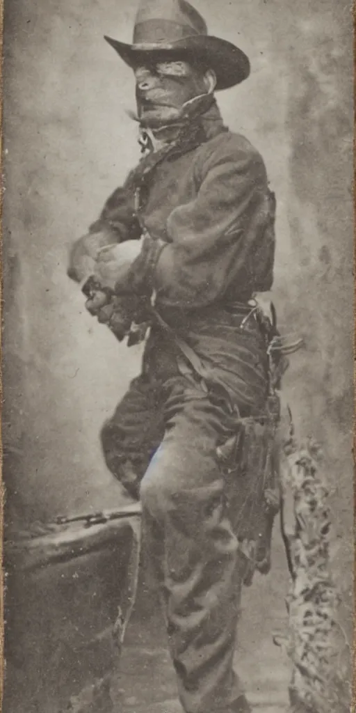 Prompt: close up portrait of lion gun man on wild west, vintage 20s photograph