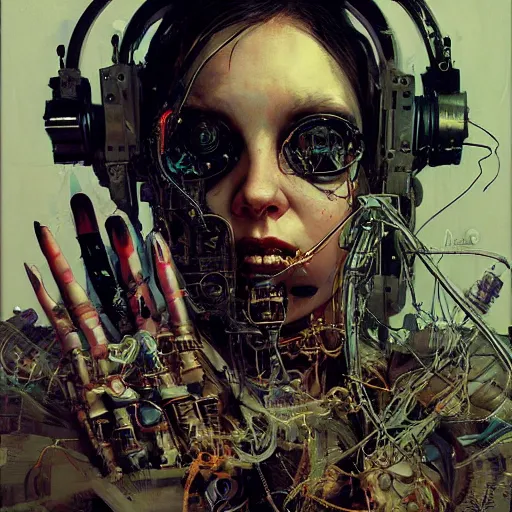 Prompt: a female cyberpunk hacker, skulls, wires cybernetic implants, machine noir, in the style of adrian ghenie esao andrews jenny saville surrealism dark art by james jean takato yamamoto and by ashley wood