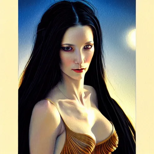 Image similar to portrait of a female wizard in flowing sensual dress, long flowing hair, delicate, looking at camera, slightly smiling, real face, stylish, elegant, extremely detailed painting inspired by Gerald Brom, epic lighting