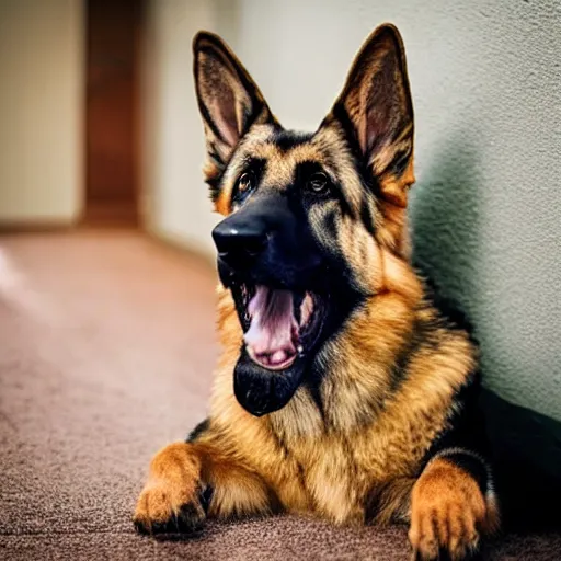 Image similar to a german shepherd waiting patiently for his owner to get home, photograph, hyper realistic,