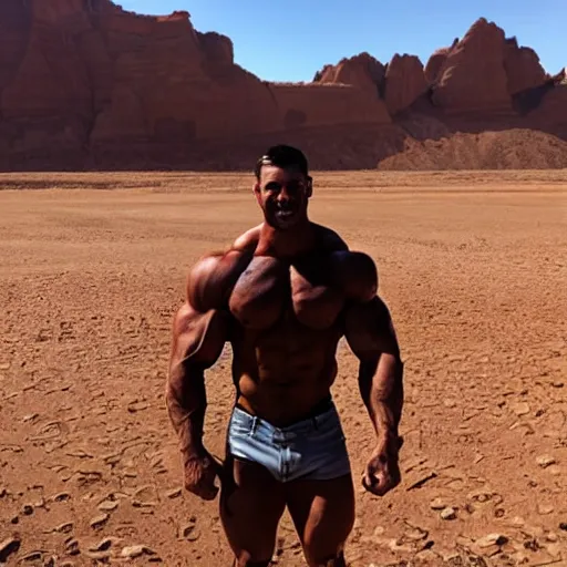 Prompt: a muscular man in a desert looking at the camera