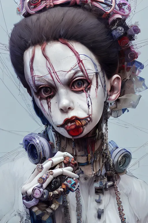 Image similar to by kyoto animation, very creepy clown girl, wearing cyberpunk intricate streetwear, beautiful, detailed portrait, intricate complexity, ilya kuvshinov, cell shaded, 4 k, concept art, by wlop, ilya kuvshinov, artgerm, krenz cushart, greg rutkowski, sharp focus, volumetric lighting, cinematic lighting, studio quality