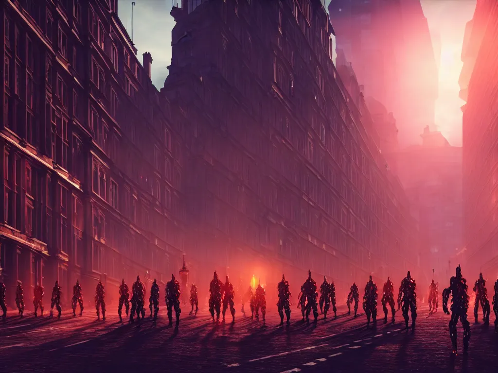 Prompt: an army of beautiful cyborgs of the elder gods in the city of London, London streets in background, colourful, dramatic lighting, golden hour, very detailed octane render very realistic beautiful