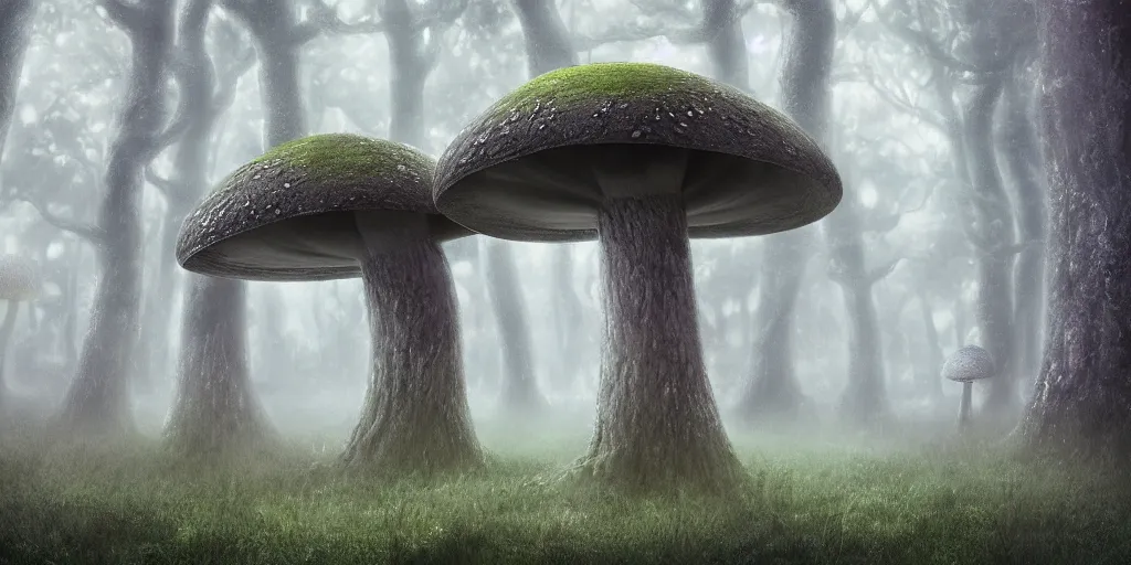 Image similar to a dark gloomy foggy fantasy mushroom forest with a portal to an alternate dimension, high quality rendering, digital art