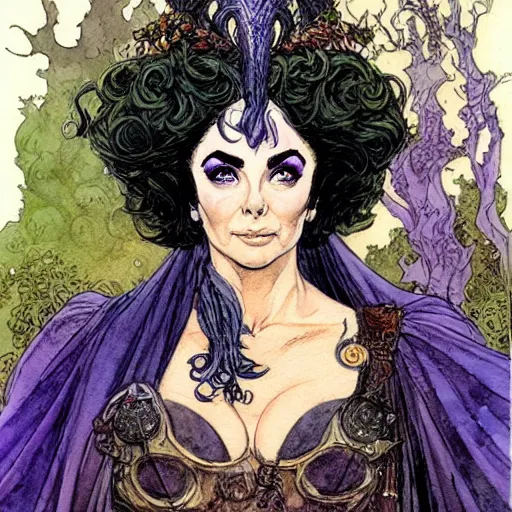 Image similar to a realistic and atmospheric watercolour fantasy character concept art portrait of elizabeth taylor as a druidic warrior wizard looking at the camera with an intelligent gaze by rebecca guay, michael kaluta, charles vess and jean moebius giraud