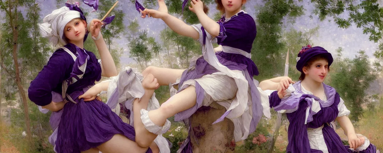 Prompt: A character sheet of a very cute magical girl with short blond hair wearing an oversized purple Beret, Purple overall shorts, Short Puffy pants made of silk, pointy jester shoes, a big billowy scarf, and white leggings. Rainbow accessories all over. Flowing fabric. Covered in stars. Short Hair. Art by william-adolphe bouguereau and Paul Delaroche and Alexandre Cabanel and Lawrence Alma-Tadema and WLOP and Artgerm. Fashion Photography. Decora Fashion. harajuku street fashion. Kawaii Design. Intricate, elegant, Highly Detailed. Smooth, Sharp Focus, Illustration Photo real. realistic. Hyper Realistic. Sunlit. Moonlight. 4K. UHD. Denoise.