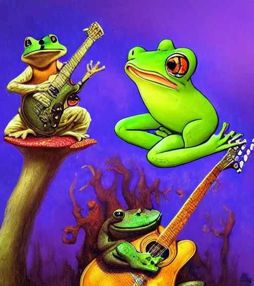 Prompt: a frog playing guitar on a hallucinogenic mushroom justin gerard