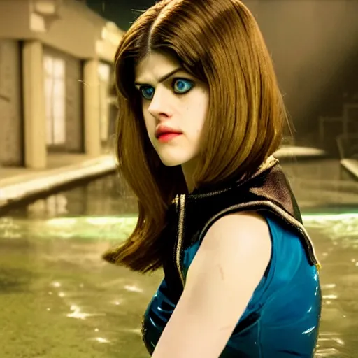 Prompt: cinematic scene with alexandra daddario as jolyne from jojo's bizarre adventure, live action film, stone ocean, dramatic, small details, volumetric lighting, still frame