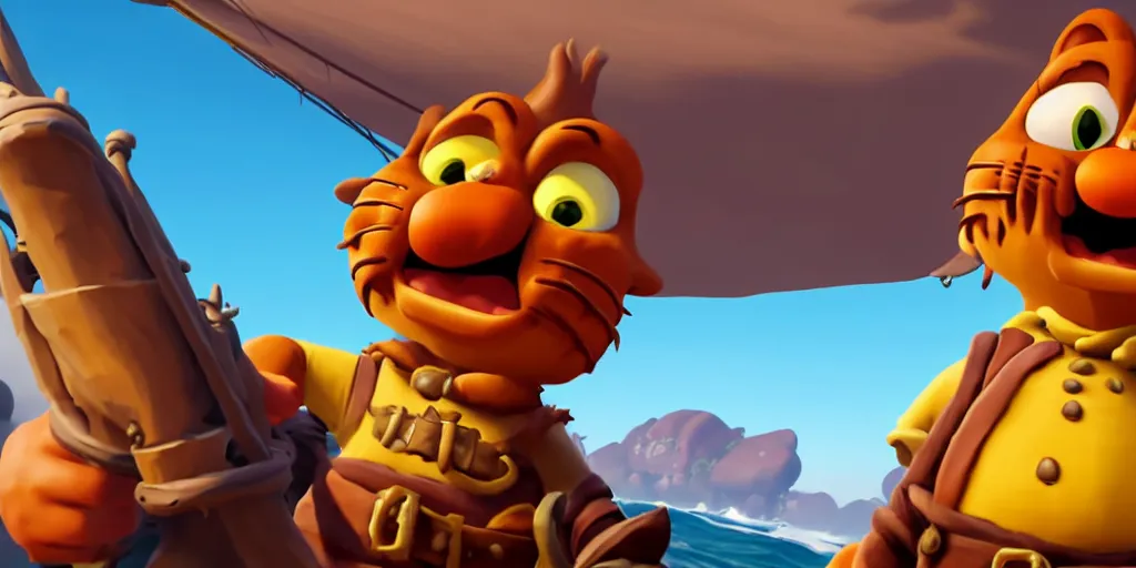 Image similar to selfie of garfield as a sea of thieves character, sea of thieves screenshot, storm, unreal engine, digital art