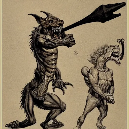 Image similar to dog-faced muscular goblin, ugly face, lizard tail, holding scimitar made of bone, hyper-detailed, primeval fantasy, prehistoric fantasy, drawn by Frank Frazetta