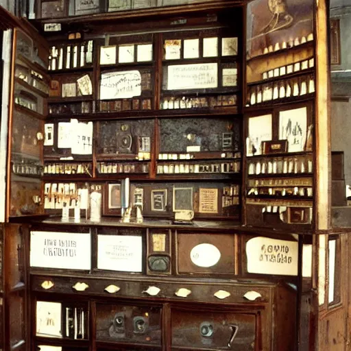 Prompt: apothecary cabinets of curiosities antiques, vintage photo, blade runner, scifi, cfg = 3