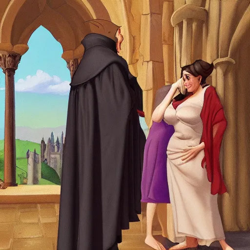 Prompt: oil painting of count frollo talking to an extra thicc gypsy girl with no shoes on, the hunchback of notre dame