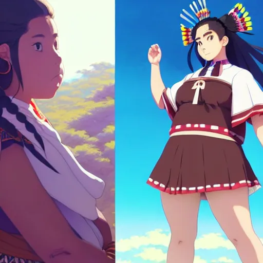 Image similar to a beautiful! plus sized native women instagram model, brown skin, wearing catholic school girl outfit with mayan pattern and native style, aztec street fashion, gapmoe yandere grimdark, trending on pixiv fanbox, painted by greg rutkowski makoto shinkai takashi takeuchi studio ghibli, akihiko yoshida