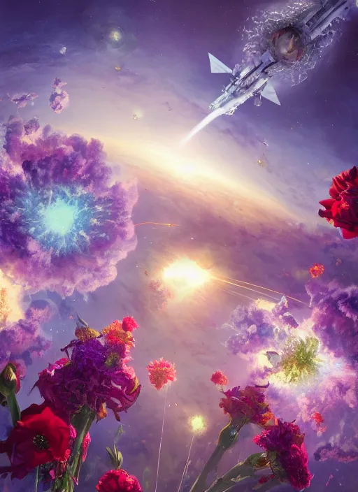 Image similar to An epic fantastic realism comic book style painting of the most beautiful flowers launched into space, bouquets, glorious galactic collision, sharp focus, fisheye, unreal 5, DAZ, hyperrealistic, octane render, dynamic lighting