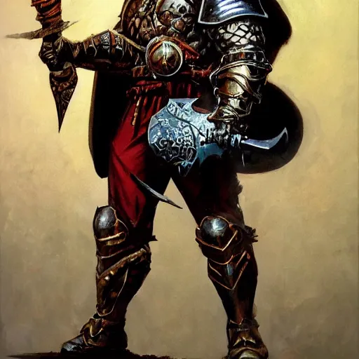 Prompt: knight character portrait by frank frazetta - wearing ornate armor, holding a spear, striking a pose, fantasy, dungeons & dragons, sharp focus, striking, artstation contest winner, detailed