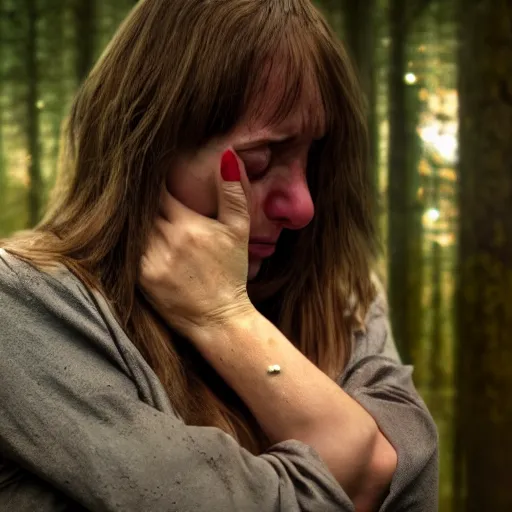 Prompt: a woman crying glittery tears in the woods, photorealistic, 8k, cinematic lighting