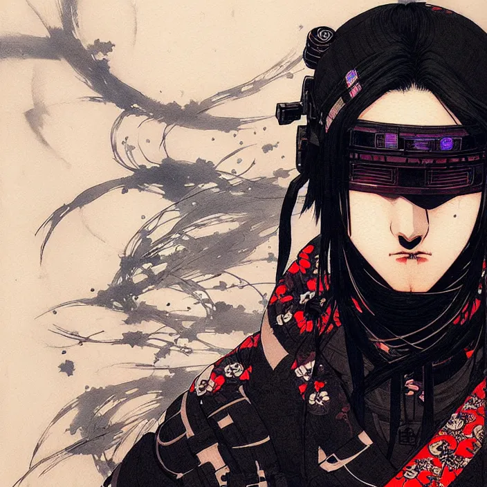 Prompt: a beautiful ukiyo painting of cyberpunk ninja, wearing cyberpunk streetwear, detailed close up portrait, concept art, by takato yamamoto, wlop, krenz cushart. cinematic dramatic atmosphere, sharp focus